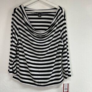 Made In Heaven Womens Striped Cowl Neck Top 2X Black Stretch Long Sleeve New
